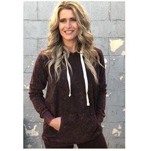 Zenana Women's Deep Plum Relaxed Fit Acid Washed Distressed Hoodie